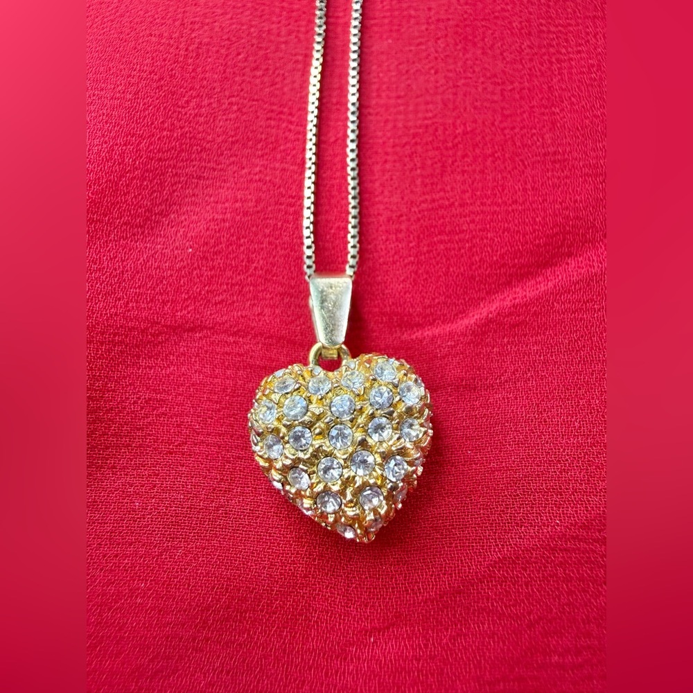 Sterling Silver Italy Chain Necklace PUFFY HEART Pendant Gold tone & Rhinestone